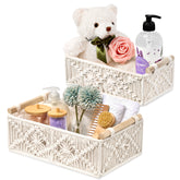 The Sorbus Macrame Basket Set is a stylish and practical solution for organizing nursery essentials. This set includes two small, rectangular baskets made from woven macrame material, designed to hold items like diapers, baby clothes, toys, and linens